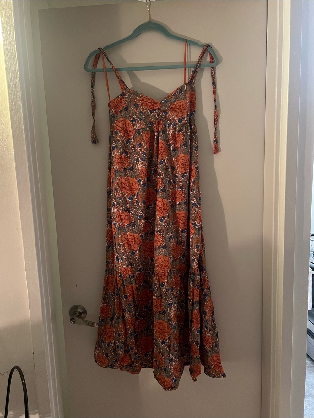 Zara Orange Floral Tie-Strap Maxi Dress with Blue Accents